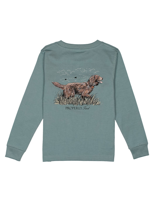 Green long-sleeve shirt with a boykin dog graphic on a white background