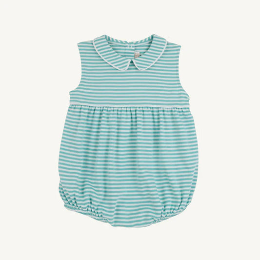 Teal Striped baby romper with collar