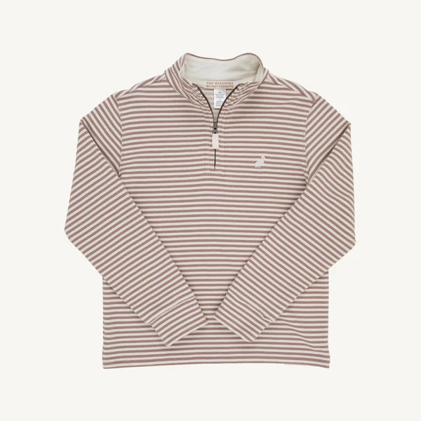 A long-sleeve quarter-zip pullover sweatshirt with horizontal stripes in brown and off-white, featuring a small embroidered logo on the left chest, displayed on a clean off-white background.