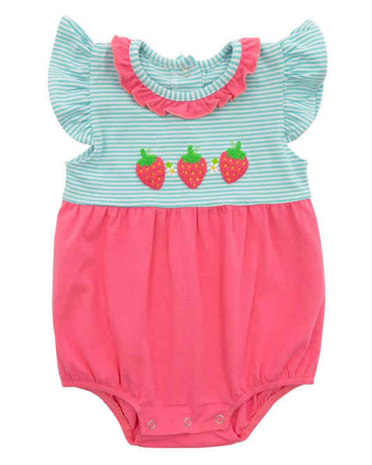 Strawberry bubble with blue white stripes on top with pink on the bottom 