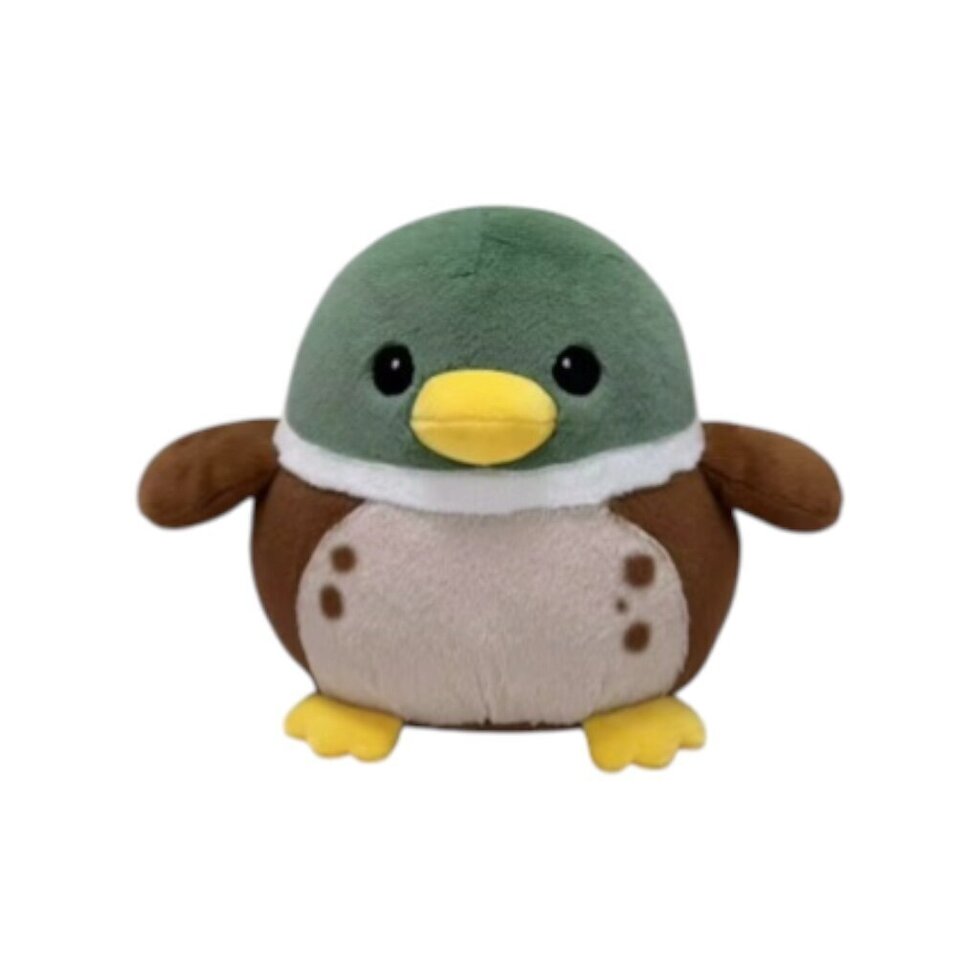 A plush duck toy with a green head, brown wings and body, a cream belly, and yellow beak and feet, shown on a plain white background.