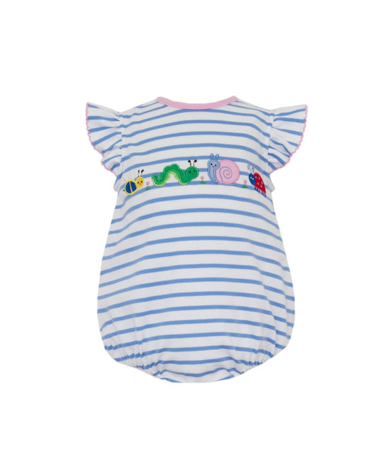 Striped baby romper with colorful bug appliqués on a white background