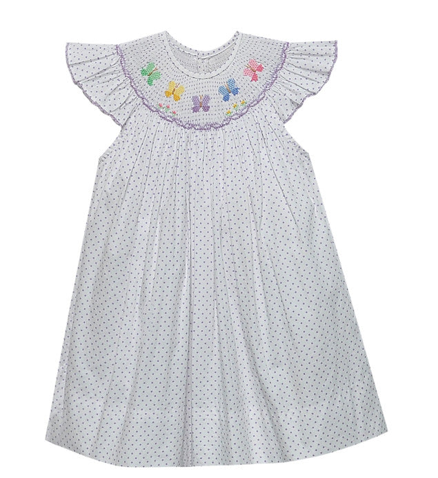 Purple polka dot dress with ruffle sleeves and embroidered butterfly detail on smocked bodice.