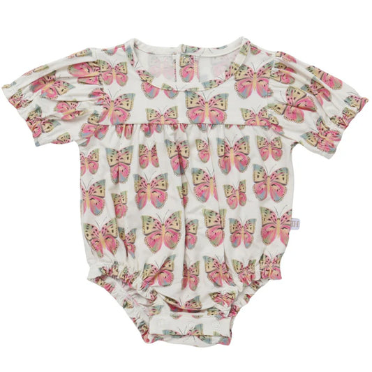 Short sleeve bubble with pink butterfly design.