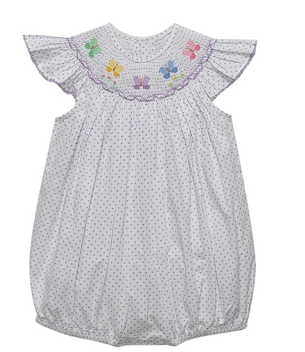 Purple polka dot bubble with ruffle sleeves and embroidered butterflies on smocked bodice.