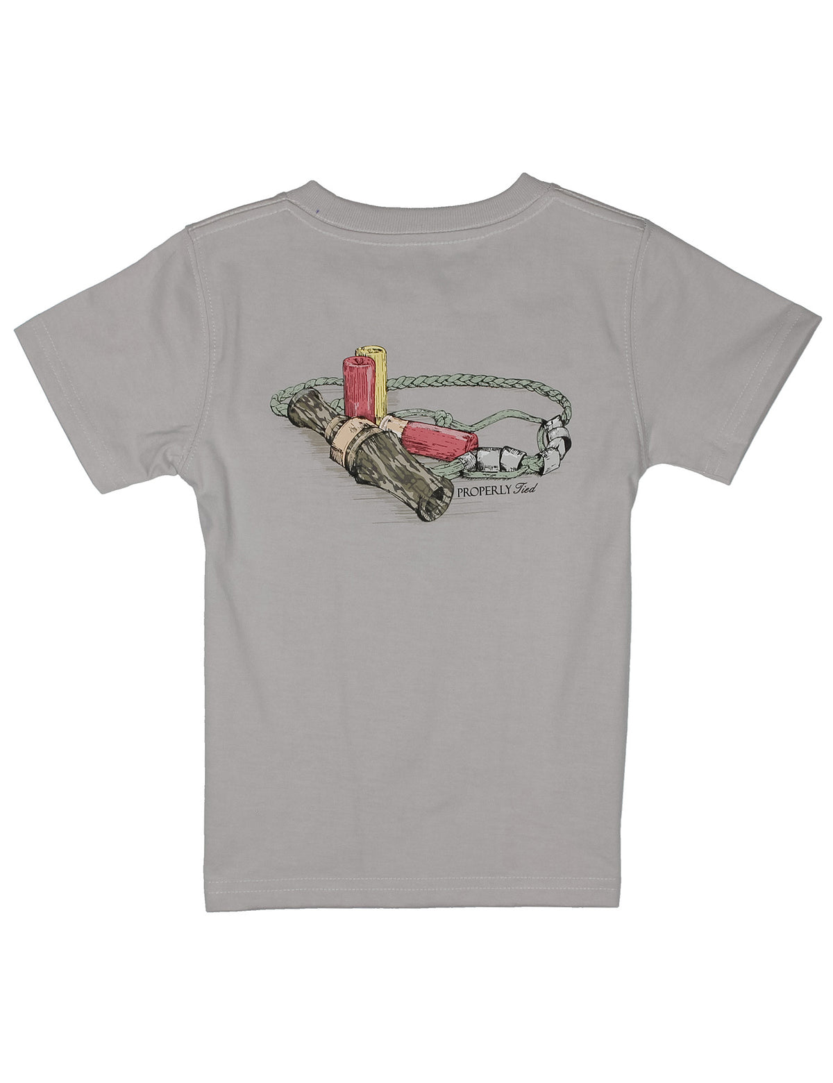 Gray t-shirt with a graphic design on the back featuring a chain, and camo duck call
