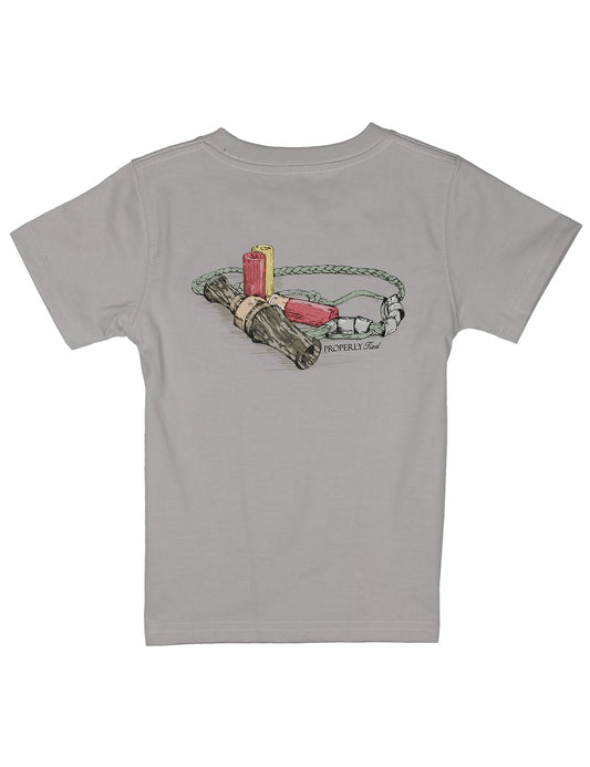 Gray t-shirt with a graphic design on the back featuring a chain, and camo duck call