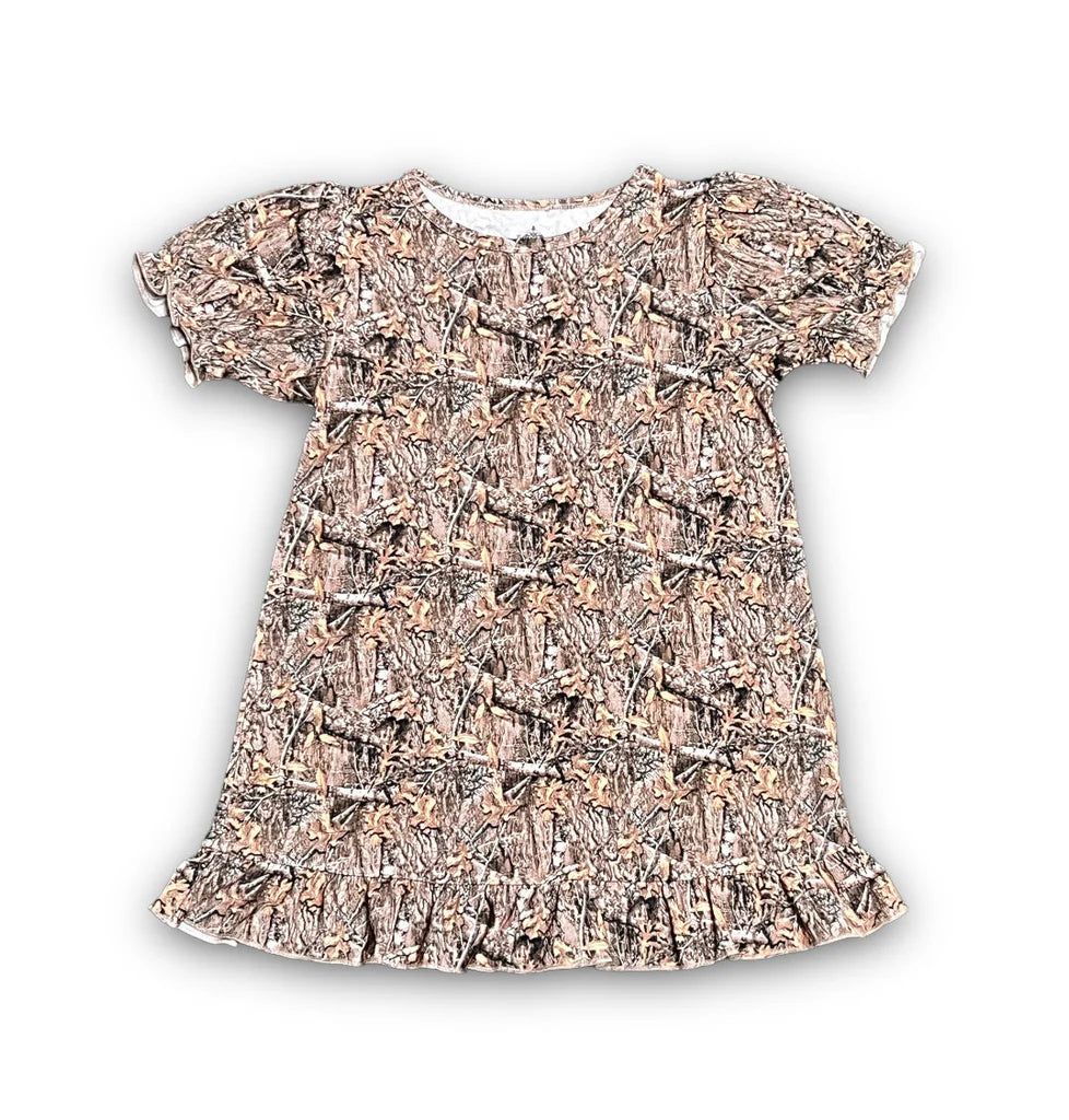 Camo patterned play dress with ruffled sleeves and bottom edge.