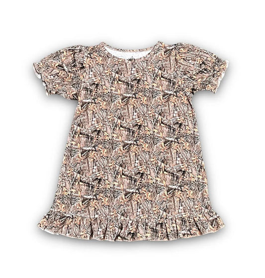 Camo patterned play dress with ruffled sleeves and bottom edge.