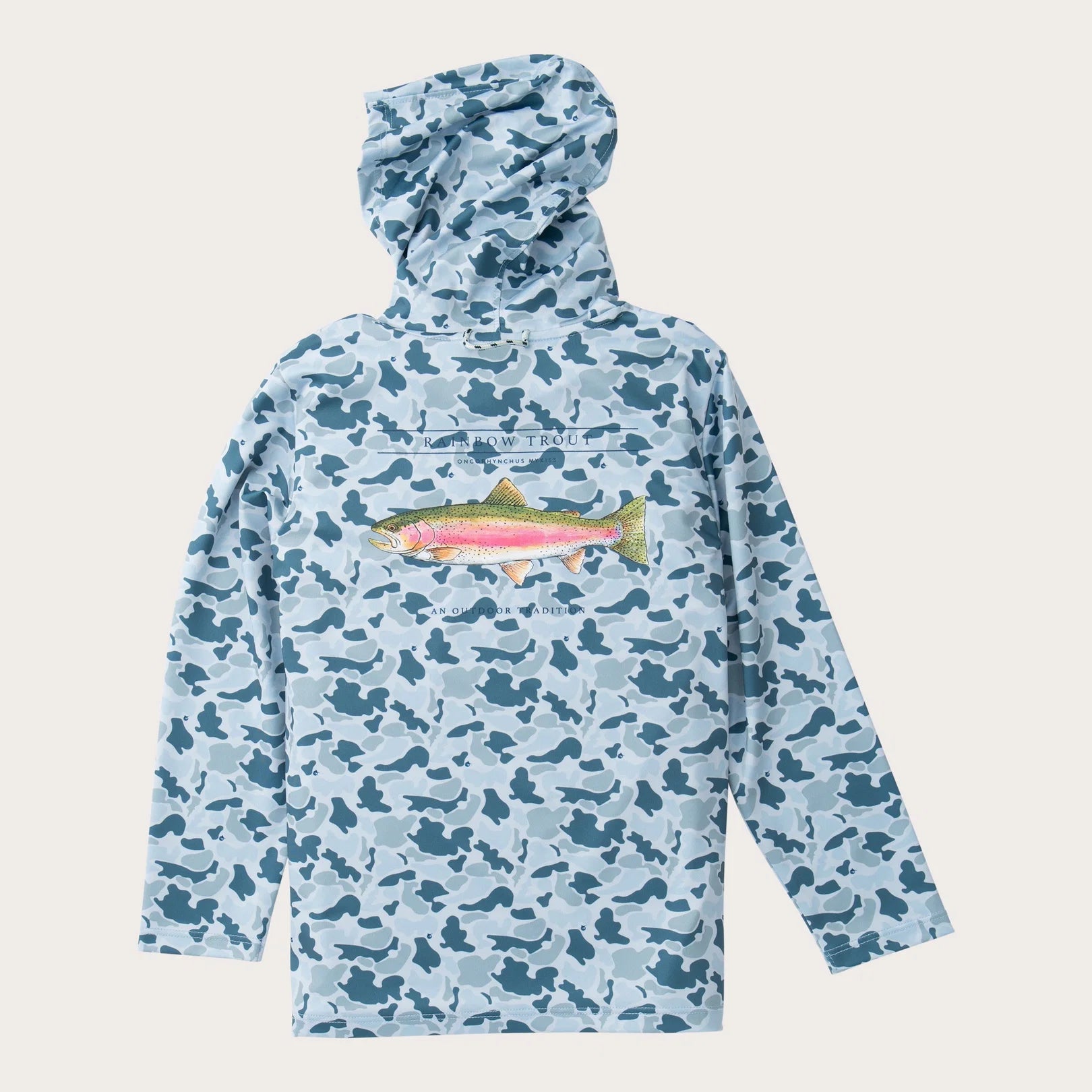 Blue camouflage hoodie with a fish graphic on a light gray background