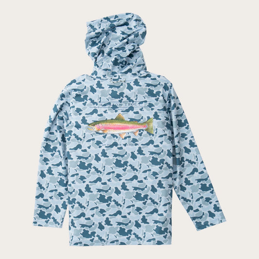 Blue camouflage hoodie with a fish graphic on a light gray background