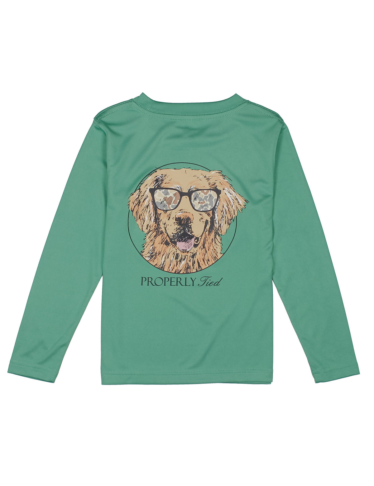 Green long-sleeve shirt with a dog graphic and 'Properly Tied' text on a white background