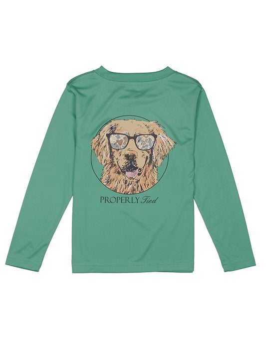 Green long-sleeve shirt with a dog graphic and 'Properly Tied' text on a white background