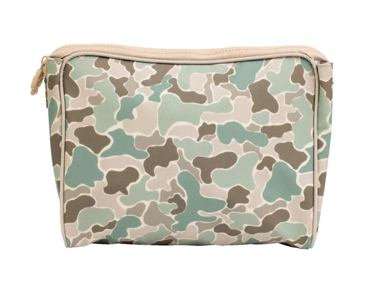 Camouflage-patterned pouch with a beige zipper on a white background