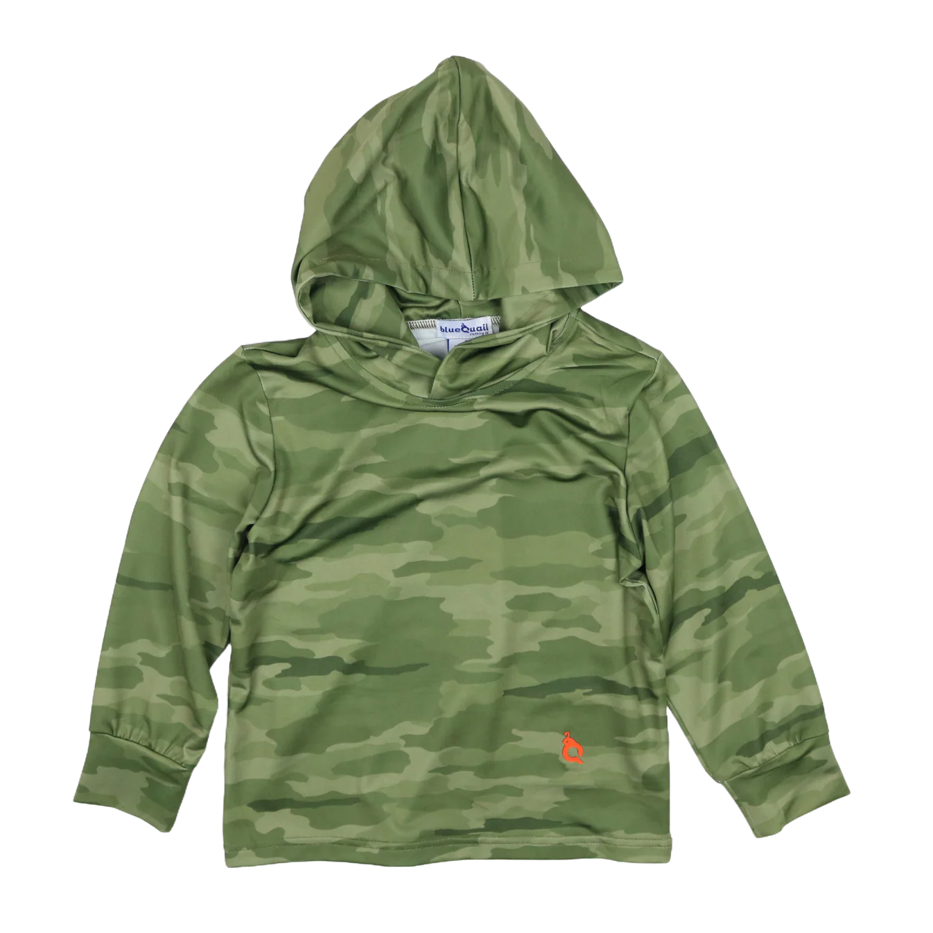 Green camouflage hoodie with a small orange logo performance material