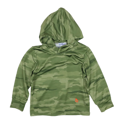 Green camouflage hoodie with a small orange logo performance material