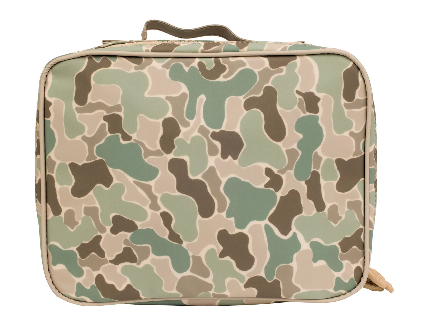 Camouflage-patterned lunchbox on a white background