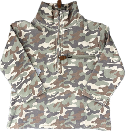 Quarter zip shirt with camo print and leather tab zipper pocket.