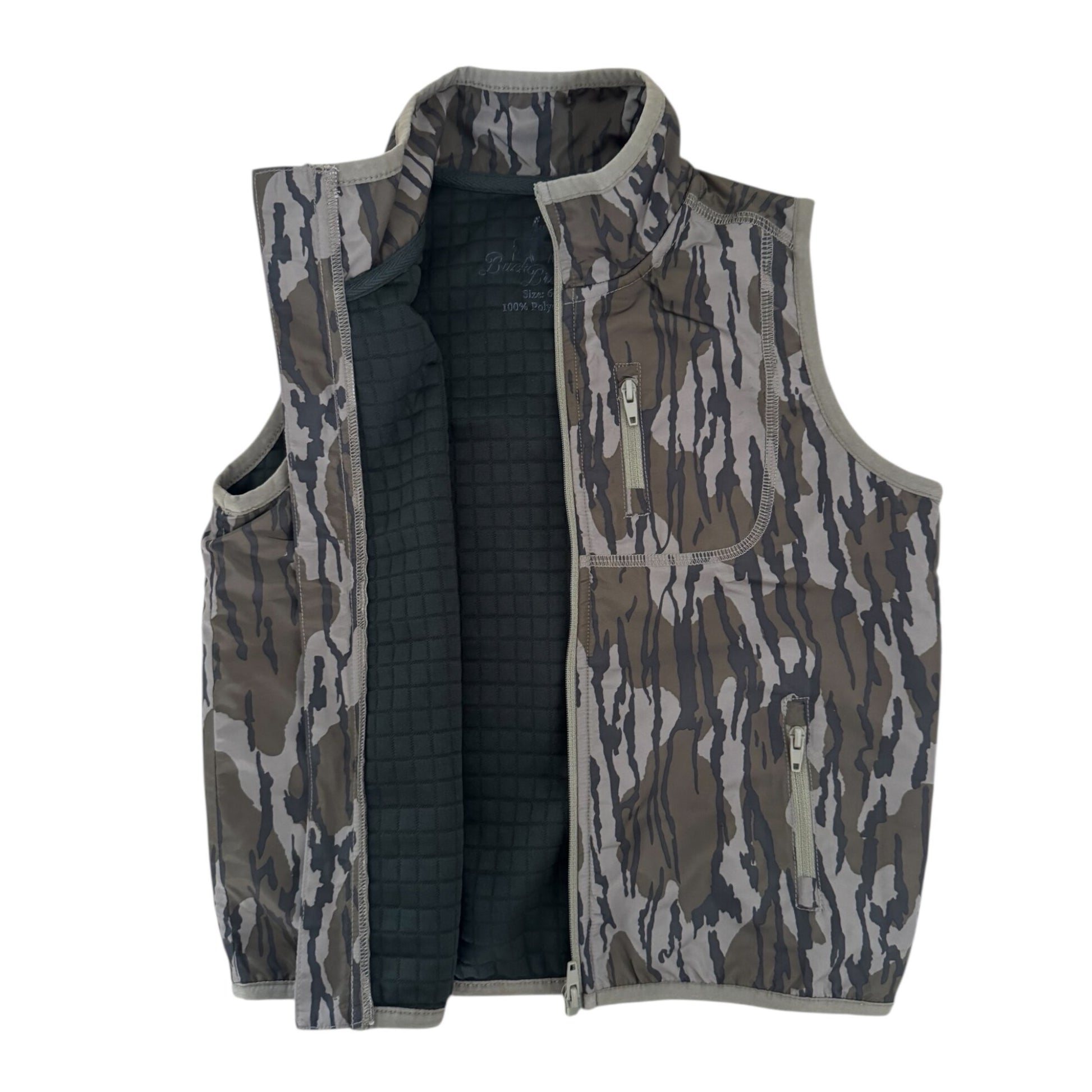 A sleeveless zip-front vest with a camouflage pattern in gray, brown, and beige, featuring a dark quilted interior lining and a stand-up collar, shown on a plain white background.