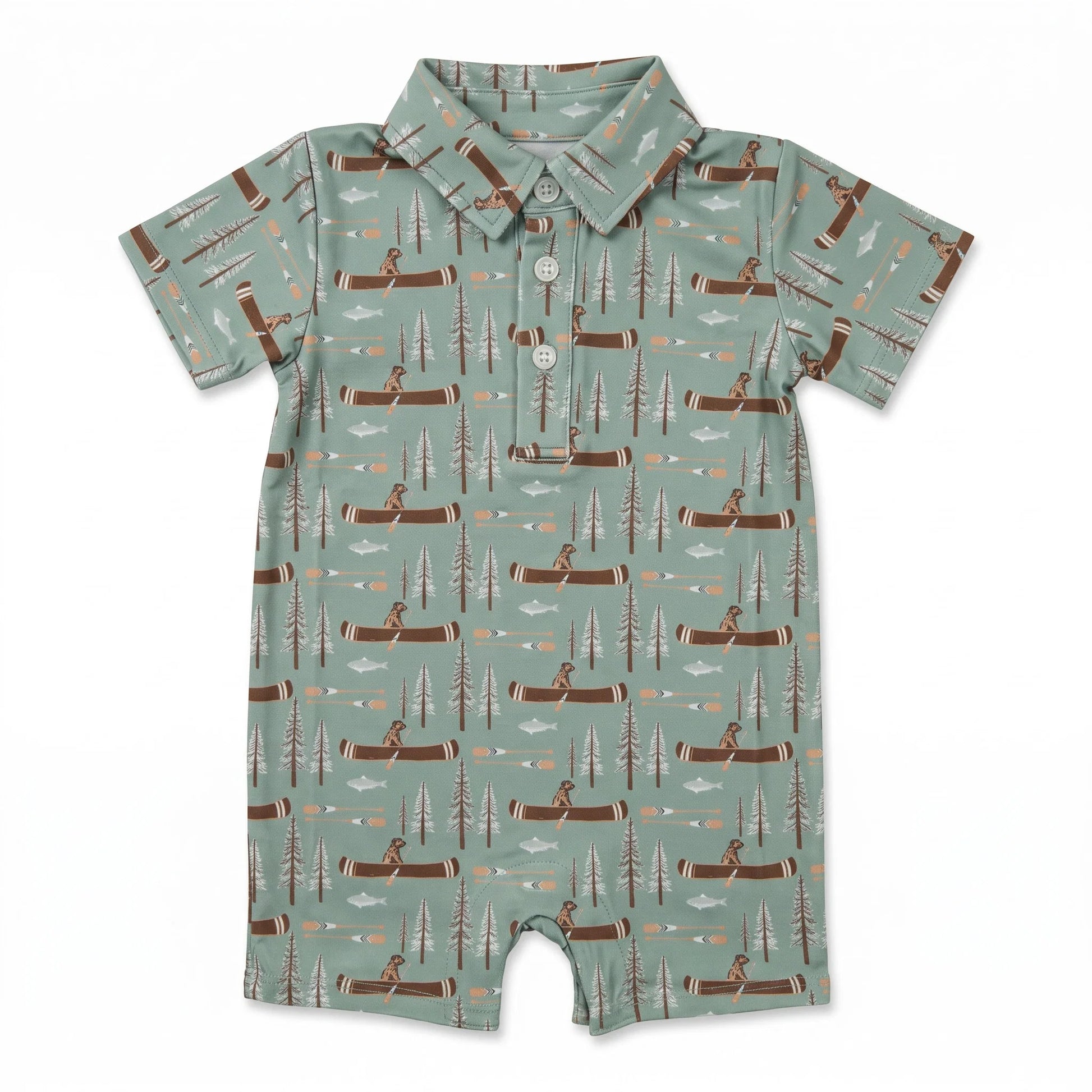 A baby short-sleeve romper in sage green with an all-over print of brown logs, pine trees, and campers, featuring a buttoned collar and snap closure.