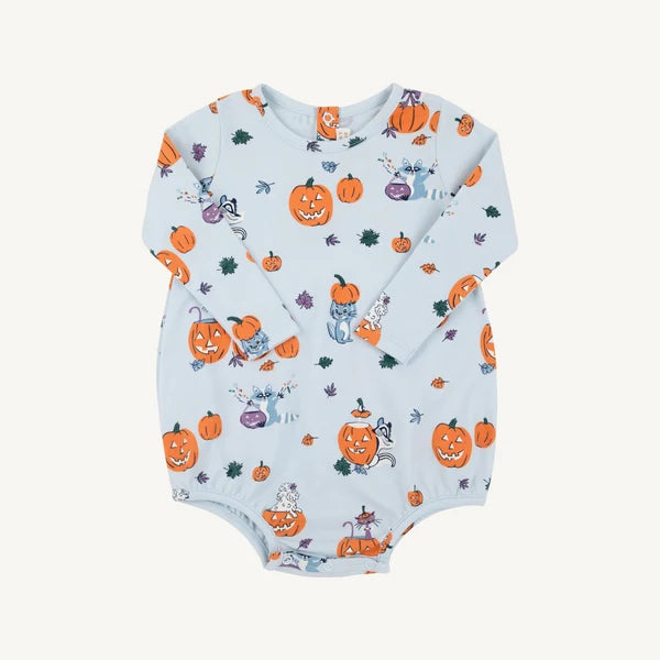 A baby long-sleeve bodysuit in light blue with an all-over Halloween print of orange pumpkins, ghosts, and bats, displayed flat against a light cream background.