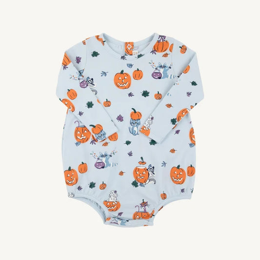 A baby long-sleeve bodysuit in light blue with an all-over Halloween print of orange pumpkins, ghosts, and bats, displayed flat against a light cream background.
