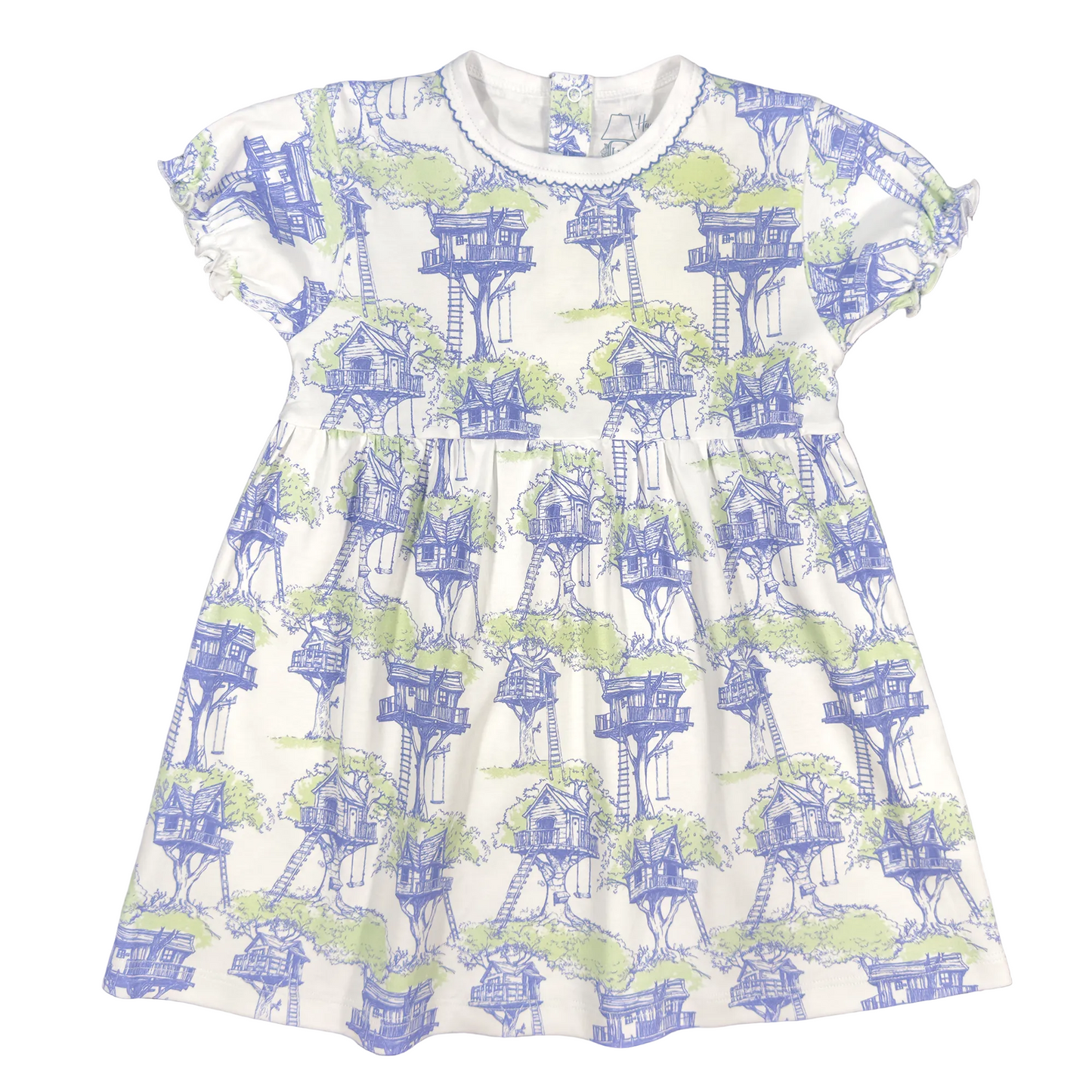 Short sleeve dress with blue and green treehouse design.