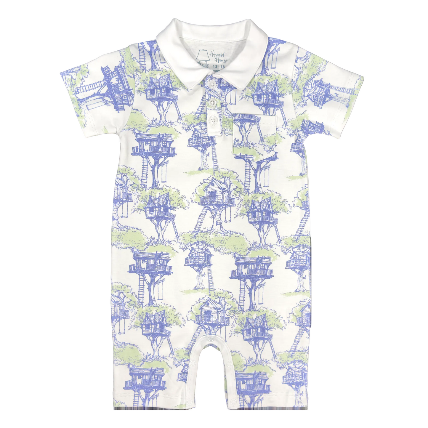 Short sleeve romper with blue and green treehouse design and white collar.