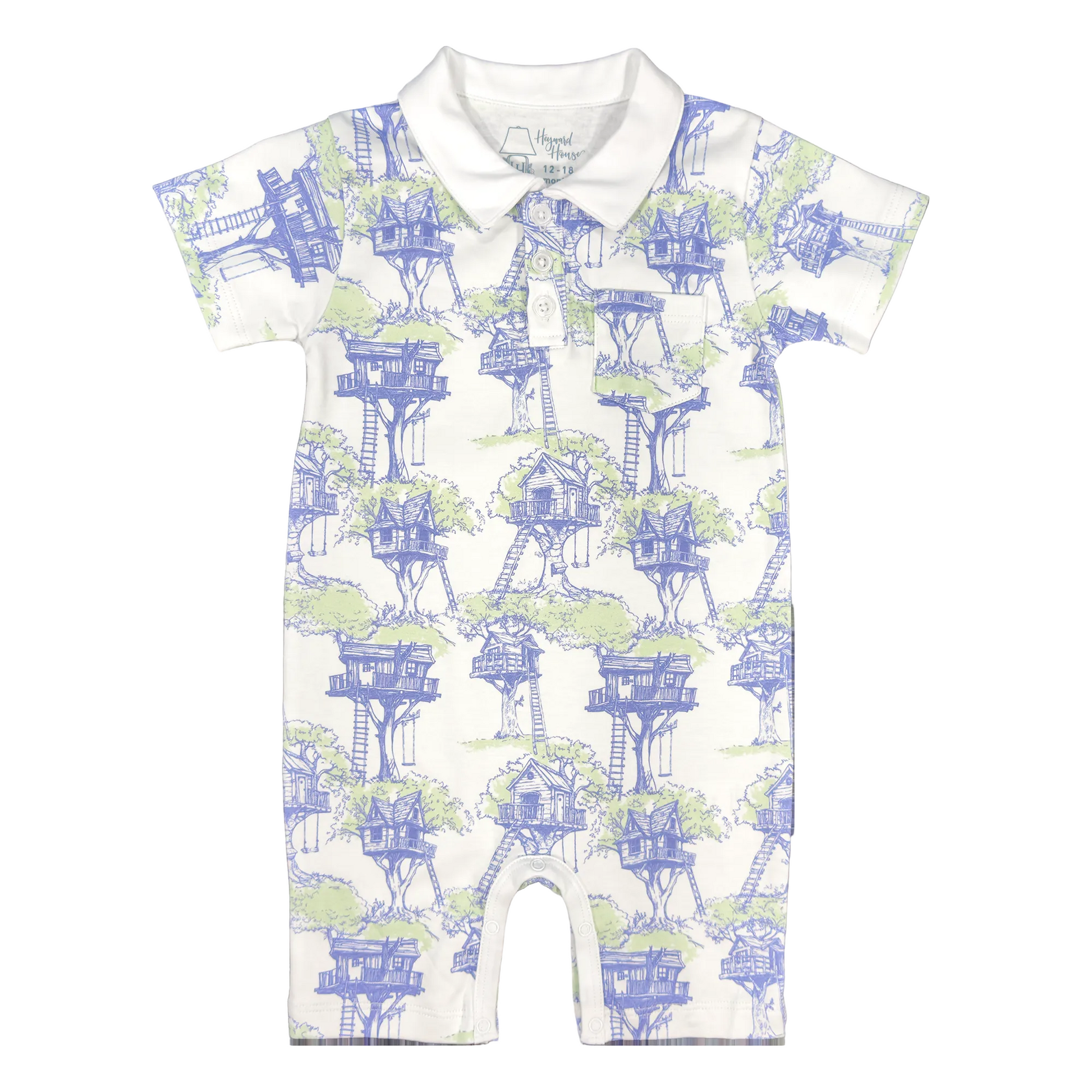 Short sleeve romper with blue and green treehouse design and white collar.