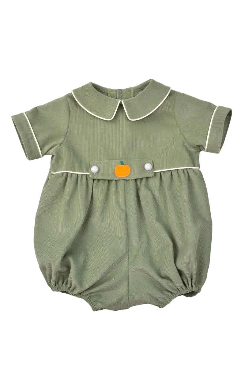 Green baby corduroy romper with a collar on a light gray background