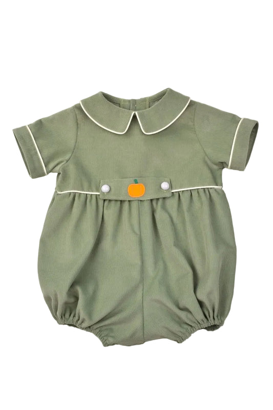 Green baby corduroy romper with a collar on a light gray background