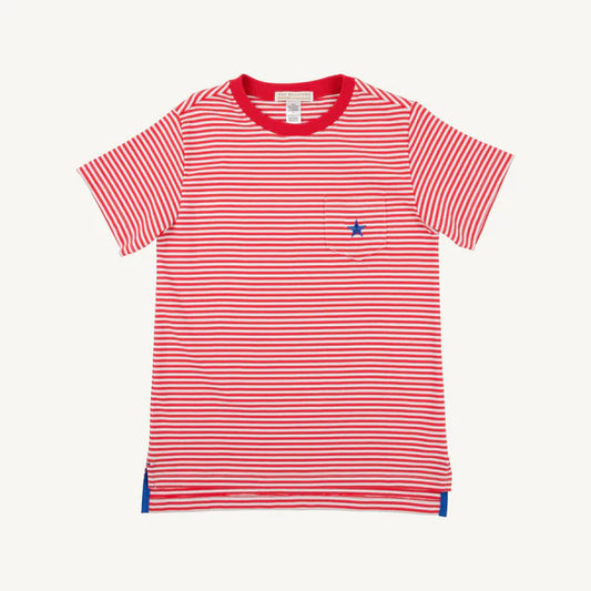 Red striped shirt with blue star on pocket 