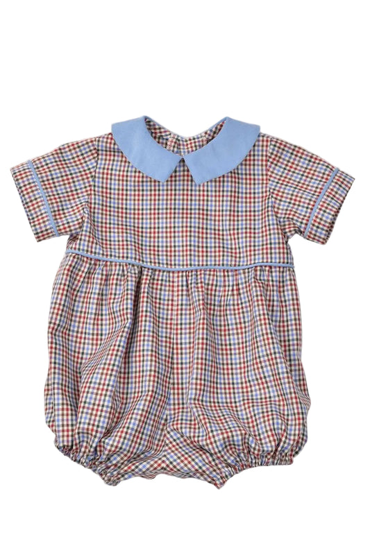 Plaid baby romper with blue collar on a white background