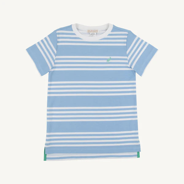 Blue and white striped shirt with TBBC logo on left chest