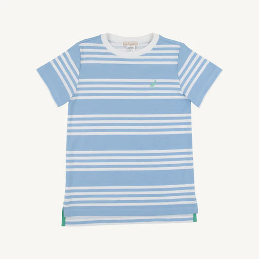 Blue and white striped shirt with TBBC logo on left chest