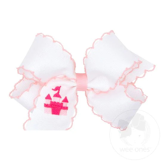 White Grosgrain Hair Bow with Pink Castle Embroidery and Moonstitch Edge