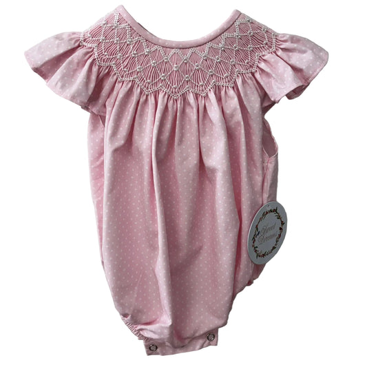 Pink polka dot bubble with ruffle sleeves and pearl embellished smocking.
