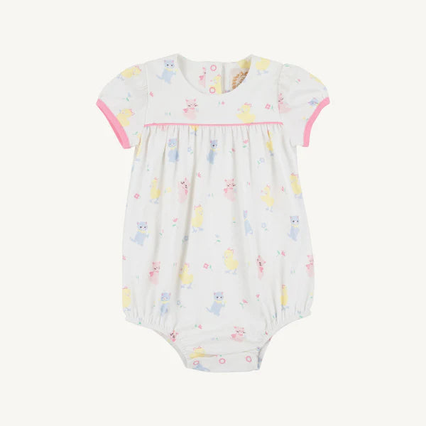 Baby romper with colorful animal print on a white background