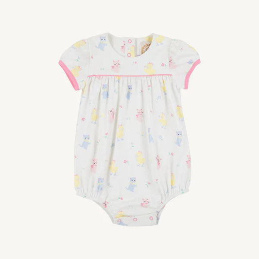 Baby romper with colorful animal print on a white background