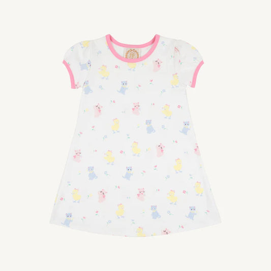 White dress with colorful cat pattern on a white background