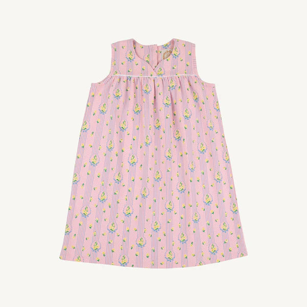 Pink dress with  pink and yellow floral pattern 