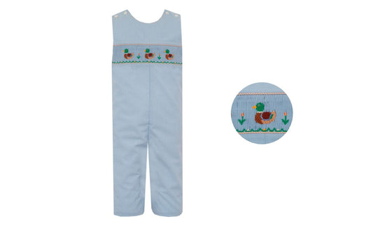 Light blue children's romper with smocked duck design on a white background