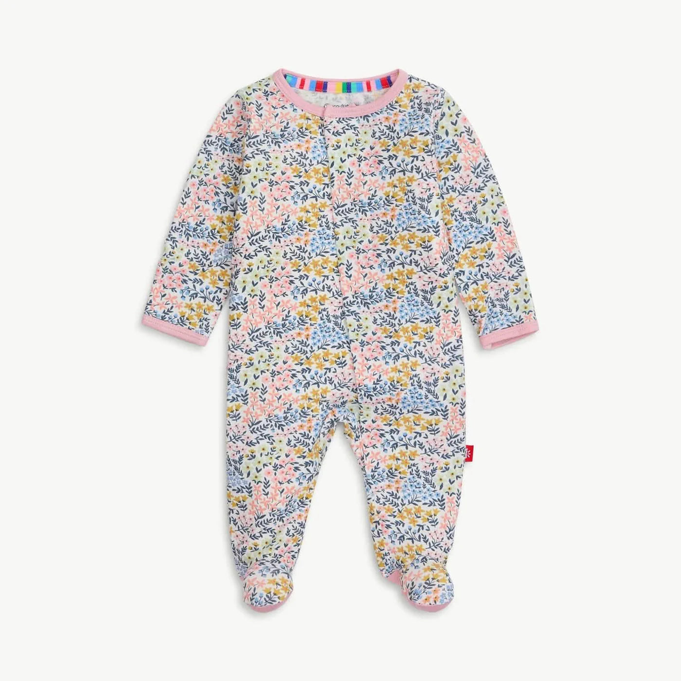 Footed pajama with a pastel flower pattern.