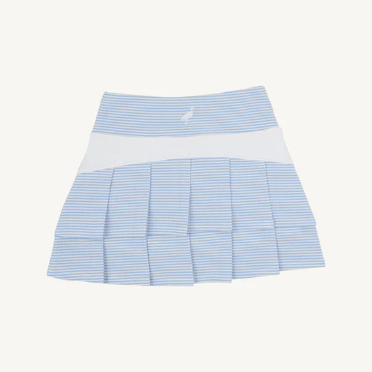 Blue and white striped athletic skirt on a light blue background with built in white shorts
