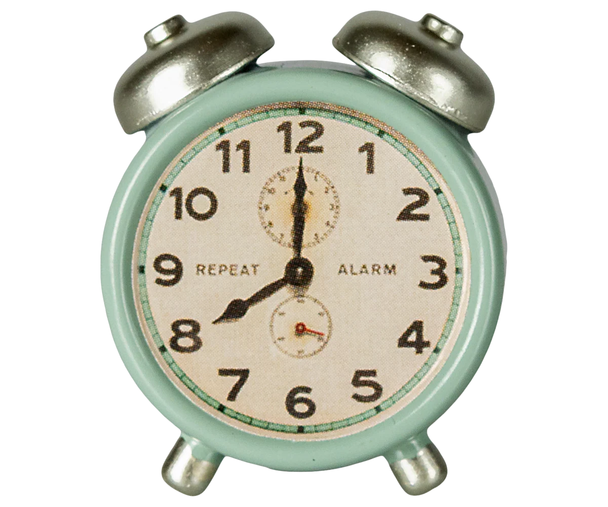 Vintage-style alarm clock with a light green casing and metallic bells for maileg mouse