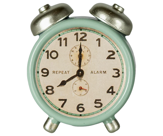 Vintage-style alarm clock with a light green casing and metallic bells for maileg mouse