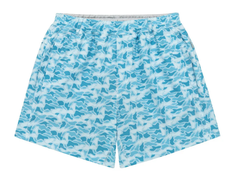 Blue camo print shorts.