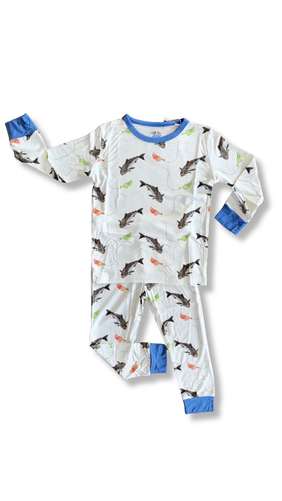 Children's pajama set with cobia pattern on a white background
