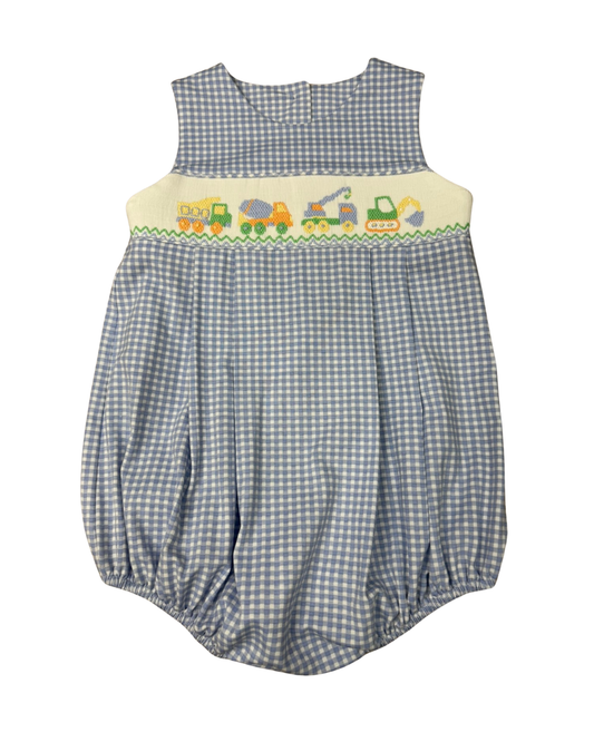 Blue checkered baby buble with embroidered construction design 