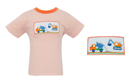 Orange and white striped shirt with smocked construction trucks on chest
